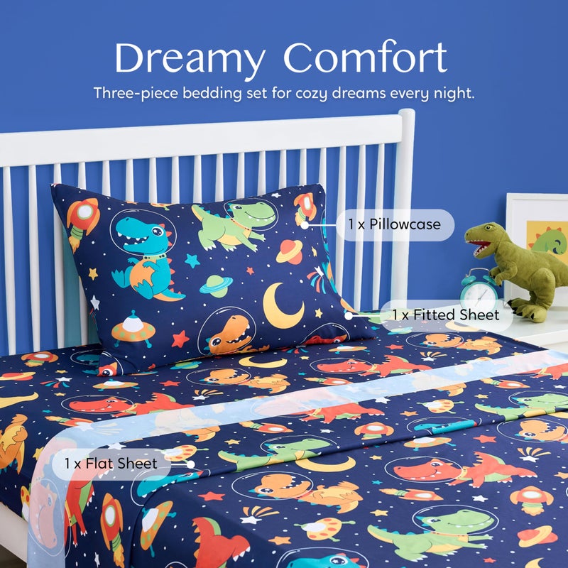 Joiedomi Kids Twin Sheet Set Space Dinosaur - 3 Piece Soft Microfiber Bed Sheets - Deep Pocket Wrinkle Free  Cozy Toddler Bedding Set  Fade Resistant Breathable for Boys Girls Teens - Image 3